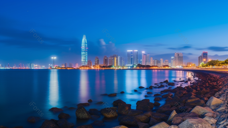 在海对面欣赏着对面城市的高楼背景图,高清,摄影图,摄影图片,图片大全,摄影图免费下载